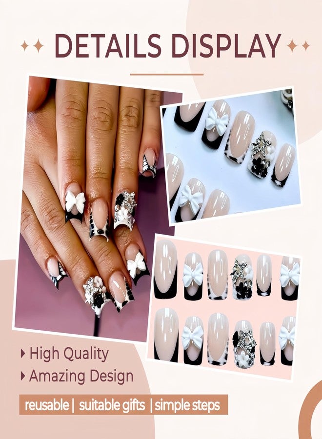 Quezadyl 24Pcs French Tip Press on Nails Short Square Fake Nails 3D Star Charms Rhinestones French with Cute White Bow Glitter Design Polka Dot Gradient Acrylic False Nails Glue on Nails for Women Cute Nail - Image 2